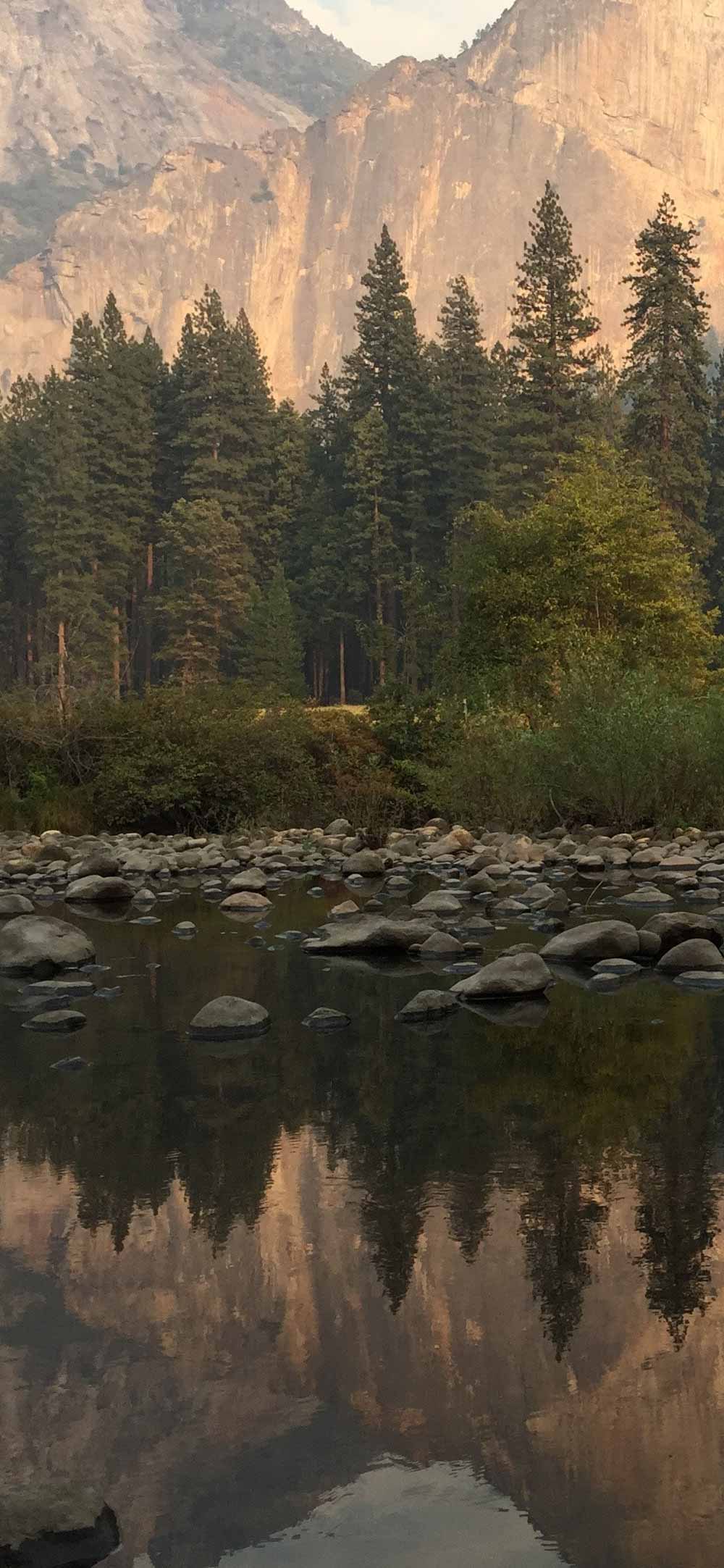 Stoney river with woodland and mountain backdrop