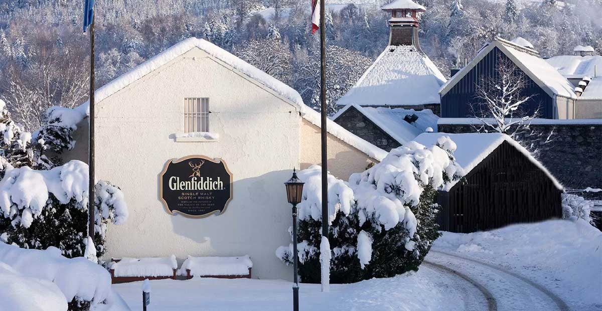 Glenfiddich distillery in the snow