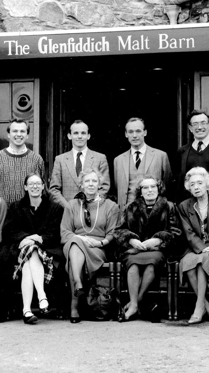 Historic black and white photo outside Glenfiddich distillery