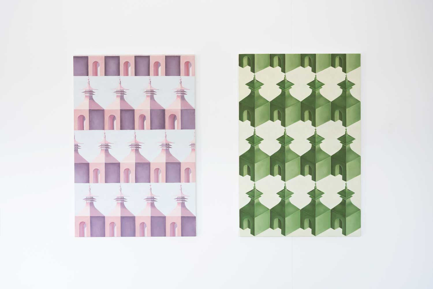 Alex Morrison Doig ventilator motif, pink and green, oil on canvas