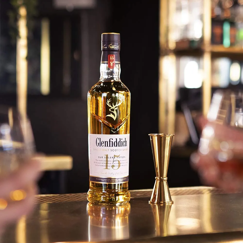 Glenfiddich 15 Year Old Bottle on a bar