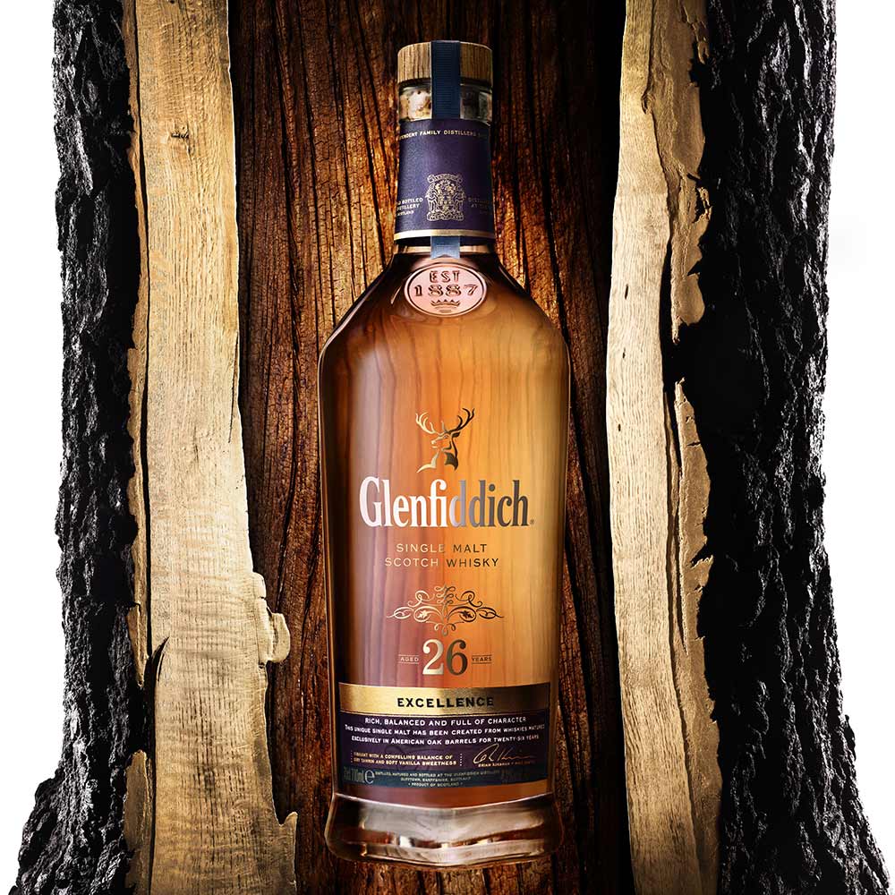 Glenfiddich 26 Year Old Excellence Bottle inside American oak wood