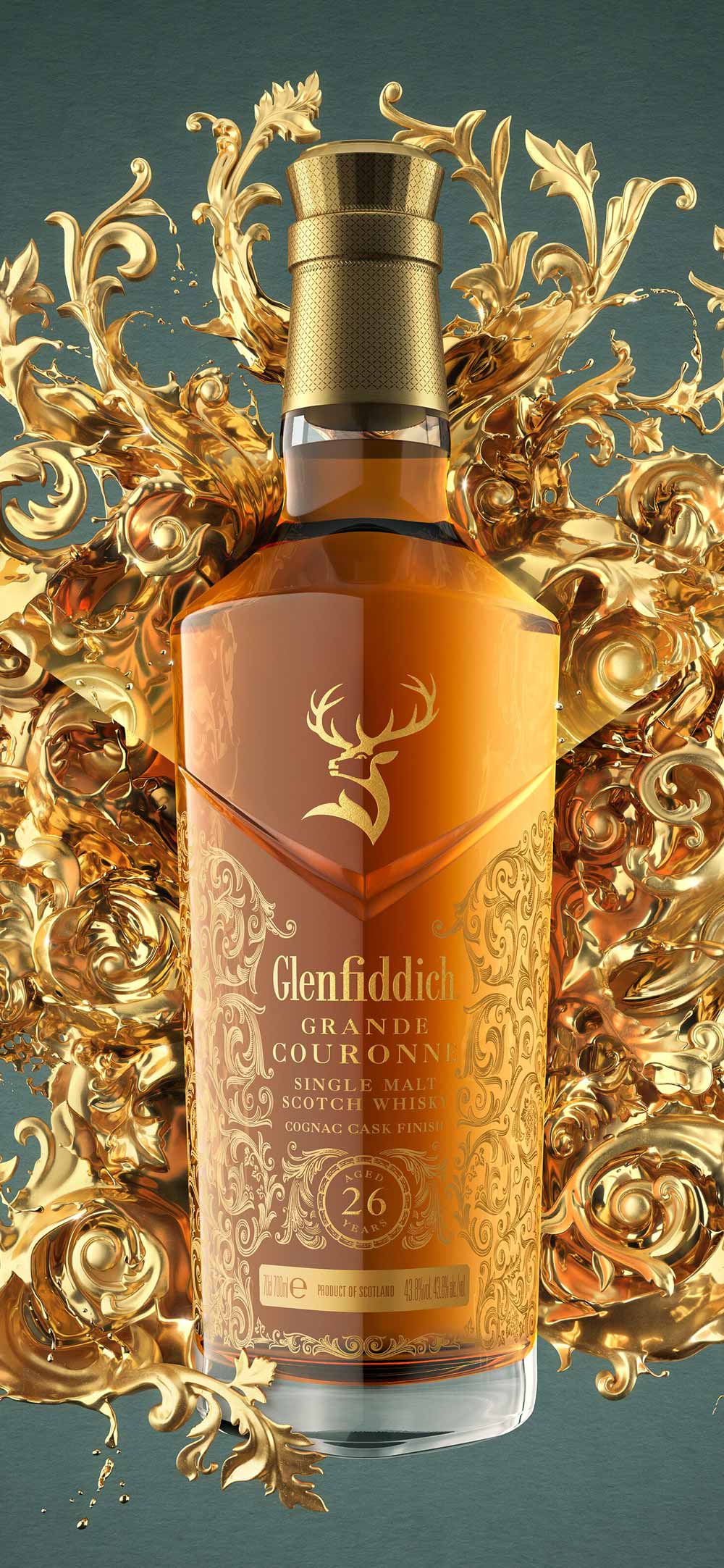 Glenfiddich 26 Year Old Grande Couronne Whisky Bottle with gold decoration on green background