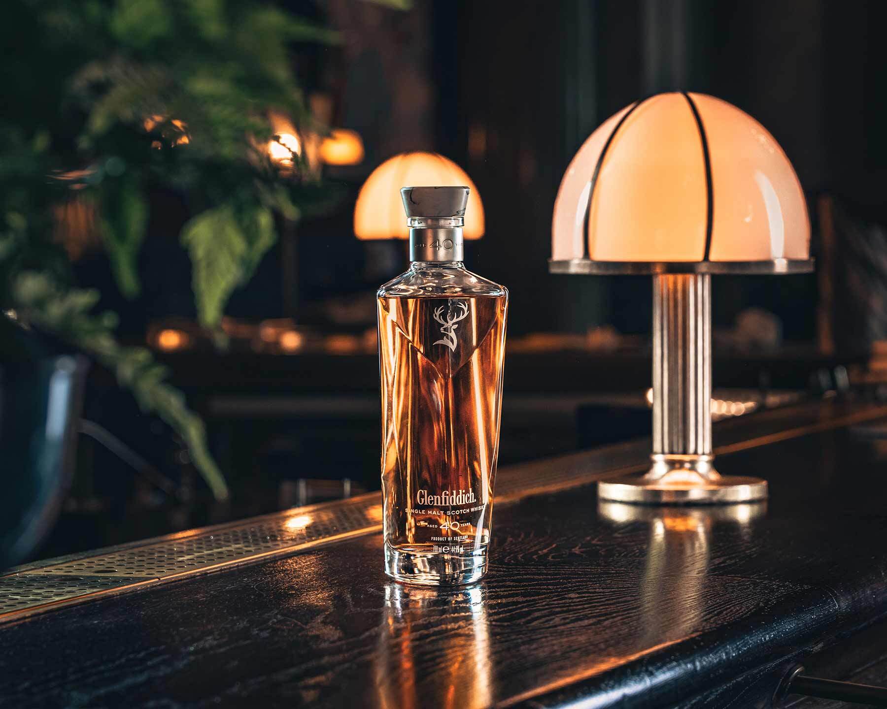 Glenfiddich 40 Year Old Single Malt Scotch Whisky bottle on a bar