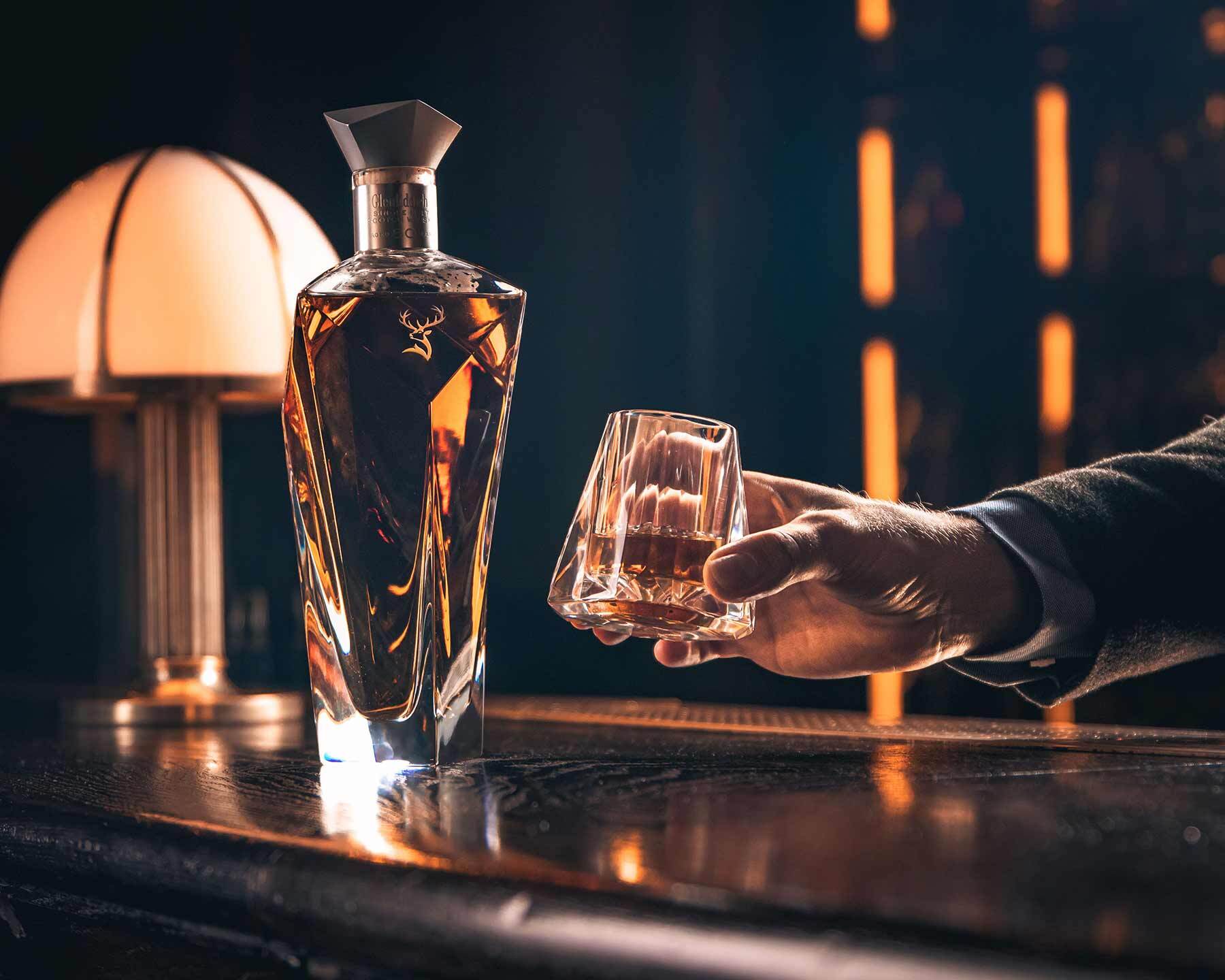 Glenfiddich 50 Year Old Single Malt Scotch Whisky bottle on a bar