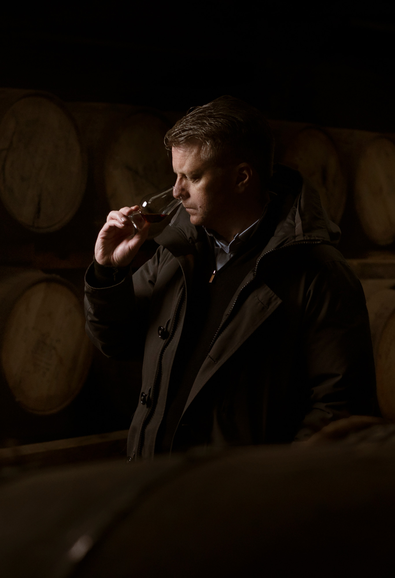 Brian Kinsman in distillery warehouse
